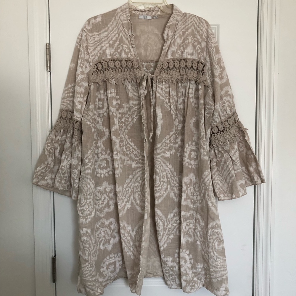 Kaktus Boho Crochet Trim Open Front Tunic Kimono Cardigan  - Beige & White